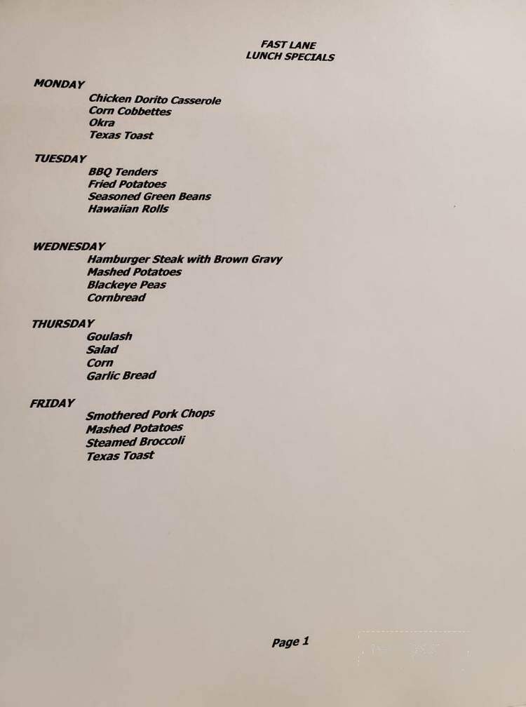 Fast Lane - Broken Bow, OK menu_pic