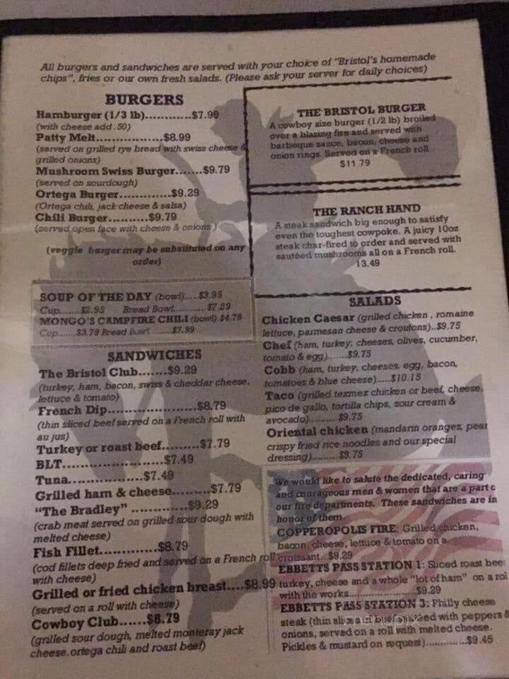 Bristol's Ranch House Cafe - Arnold, CA menu_pic