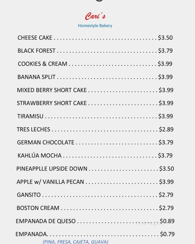 Cari's Homestyle Bakery - Colton, CA menu_pic
