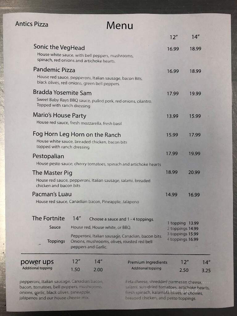 Antics Pizza and Games - Hilo, HI menu_pic