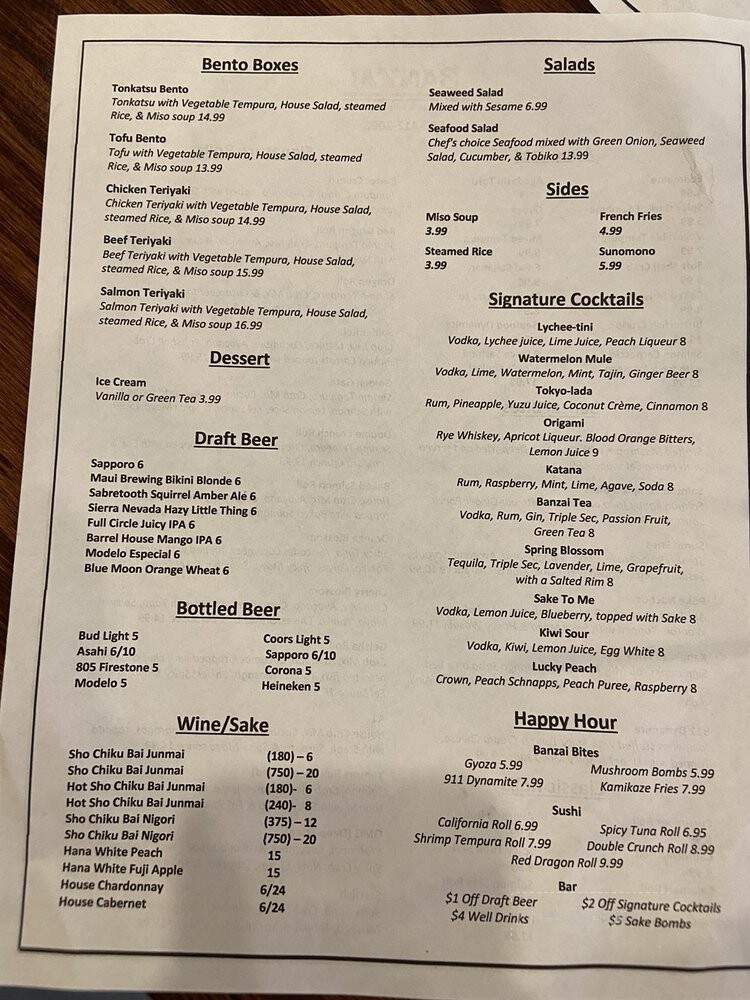 Banzai Japanese Bar & Kitchen - Fresno, CA menu_pic