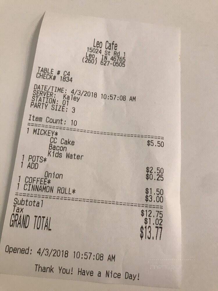 Leo Cafe - Leo, IN menu_pic