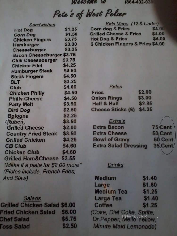 Pete's of West Pelzer - Pelzer, SC menu_pic