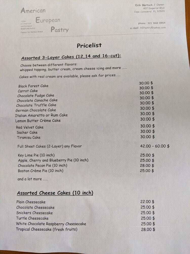 American European Pasteries - Cape Canaveral, FL menu_pic