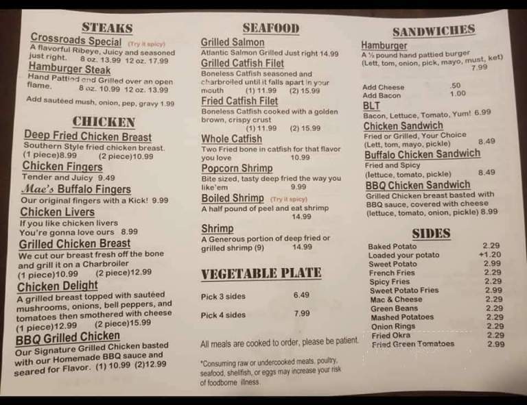 Crossroad's Restaurant - Tallapoosa, GA menu_pic