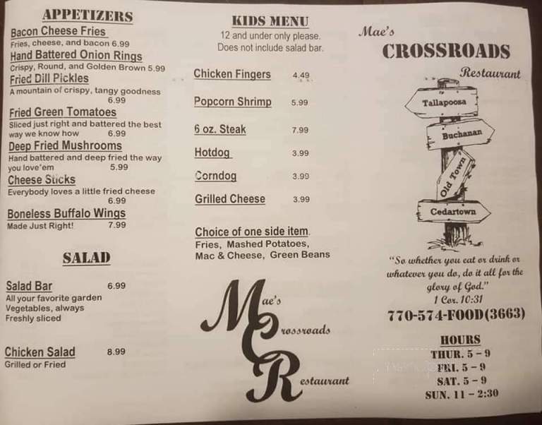 Crossroad's Restaurant - Tallapoosa, GA menu_pic