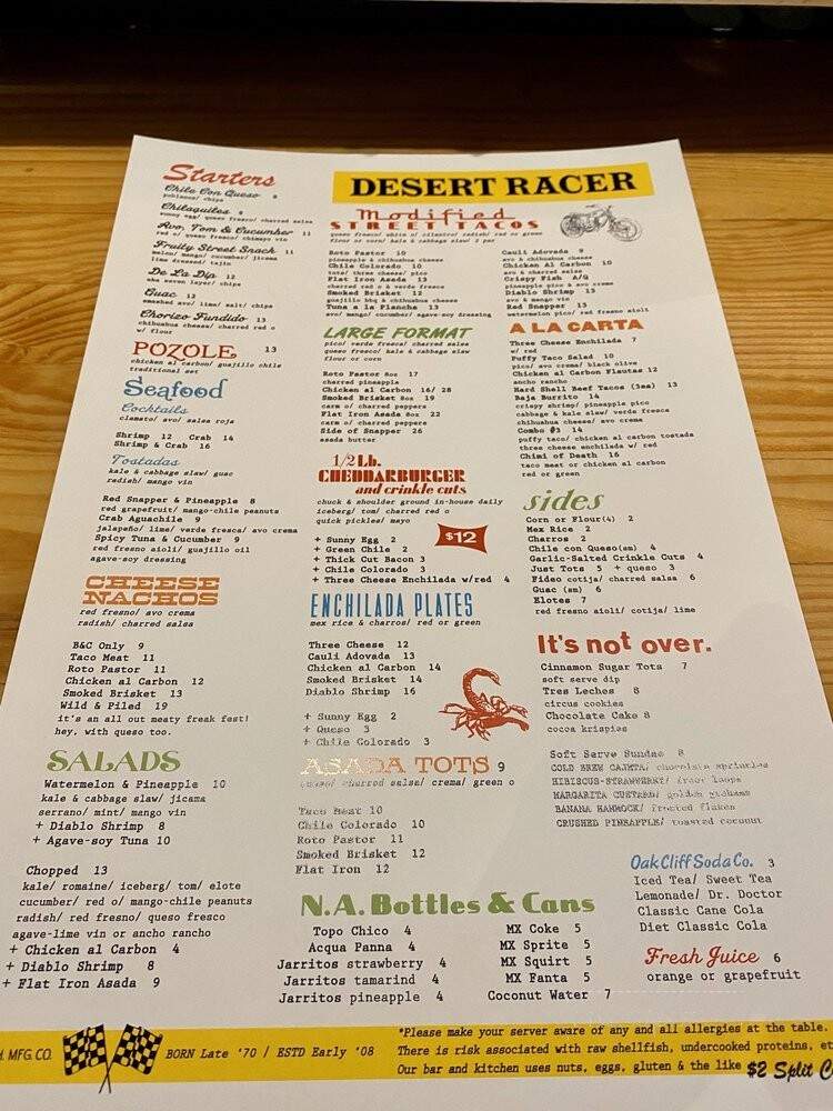 Desert Racer - Dallas, TX menu_pic