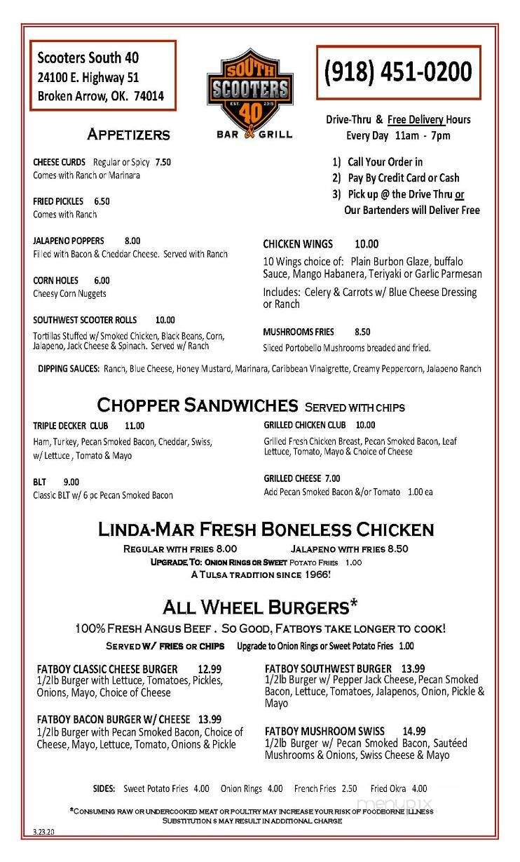 Online Menu of Scooters South 40, Broken Arrow, OK