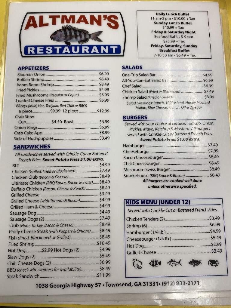 Altman's Restaurant - Eulonia, GA menu_pic