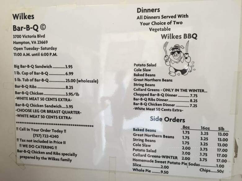 Wilkes Bar-B-Q Co - Hampton, VA menu_pic