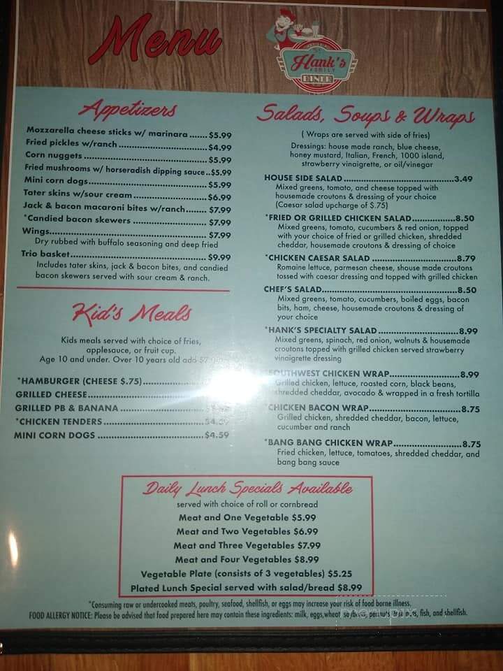 Hank's Family Diner - Hohenwald, TN menu_pic