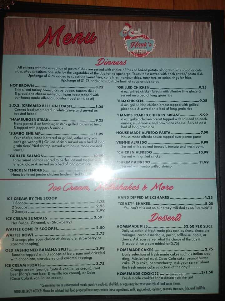 Hank's Family Diner - Hohenwald, TN menu_pic