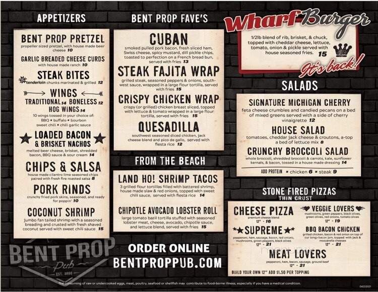 Bent Prop Pub - Coldwater, MI menu_pic