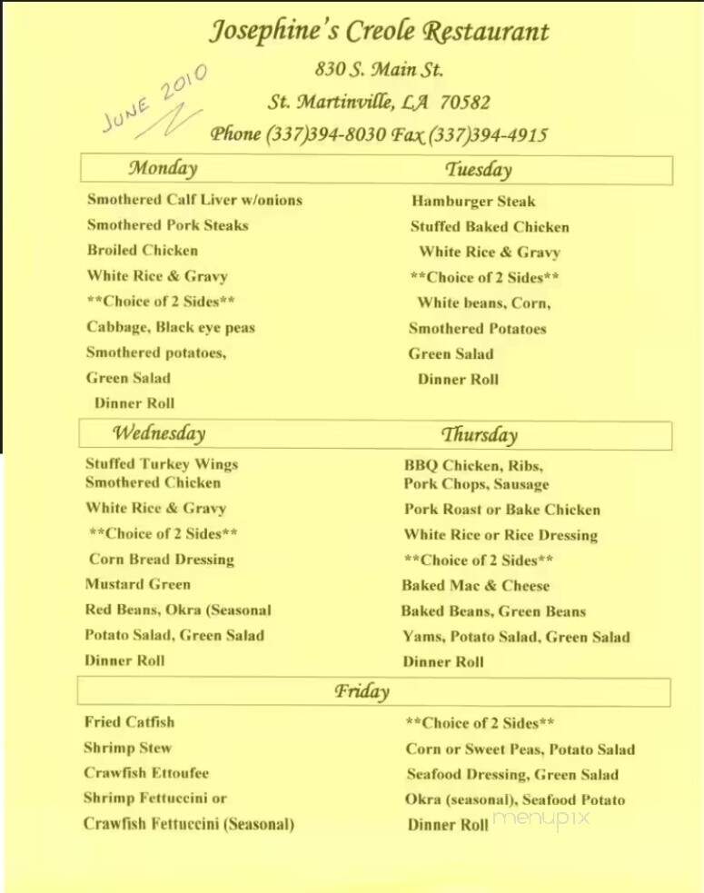 Josephine's Creole Restaurant - Saint Martinville, LA menu_pic