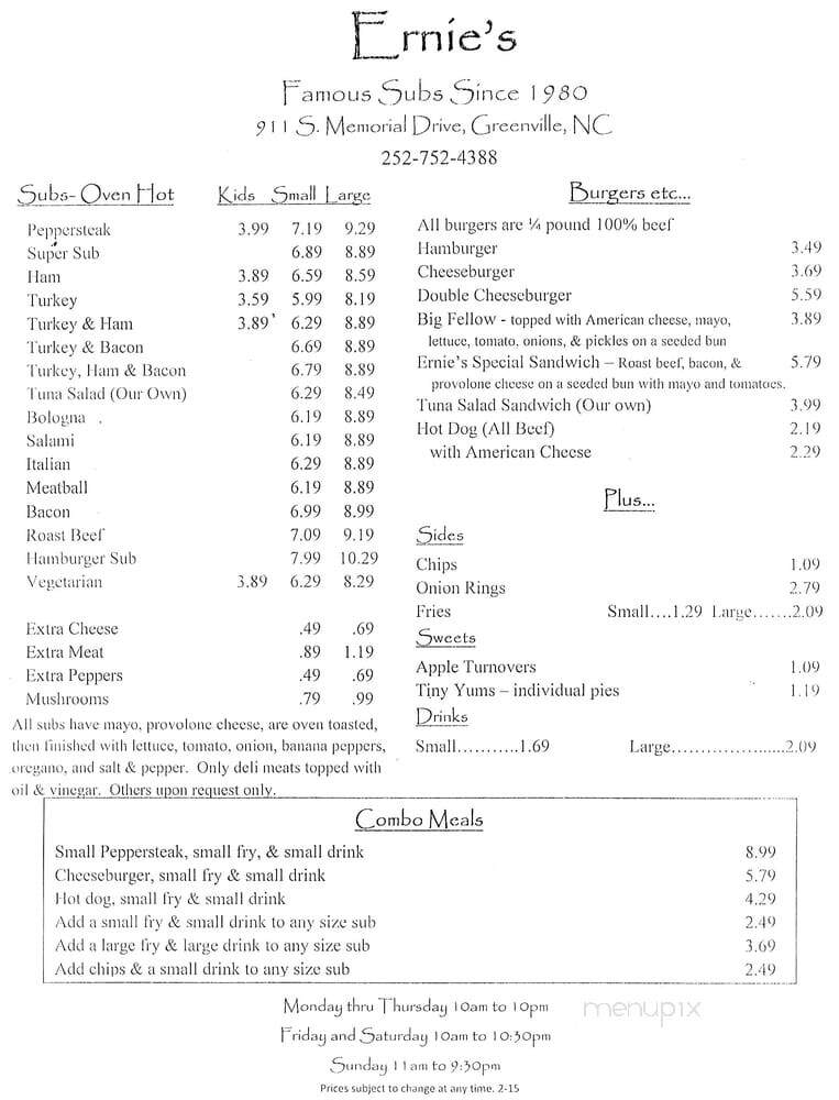Ernie's Famous Subs - Greenville, NC menu_pic