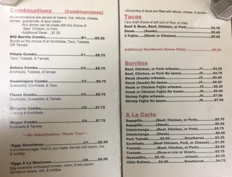 Fajitas Mexican Restaurant - Wiggins, CO menu_pic
