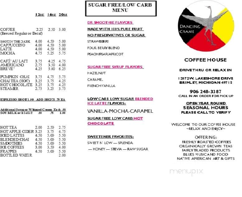 Dancing Crane Coffee House - Brimley, MI menu_pic