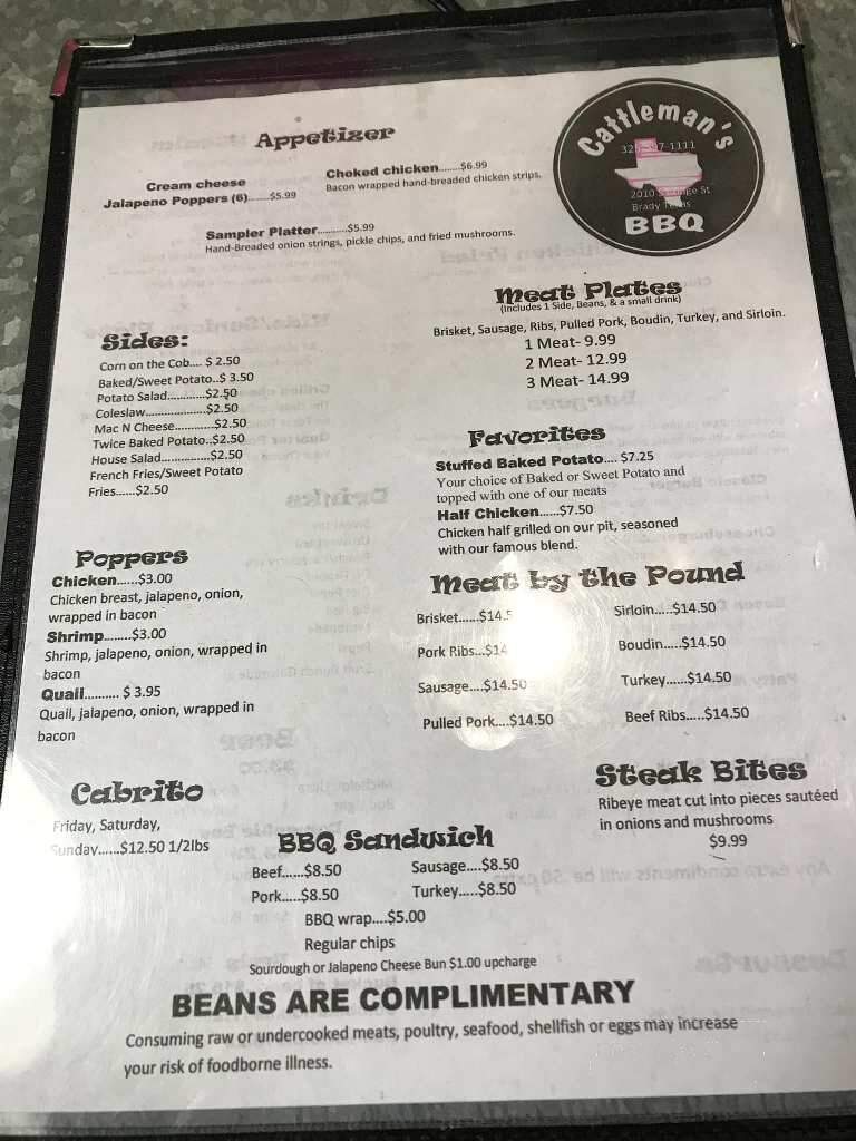 Cattlemans BBQ - Brady, TX menu_pic