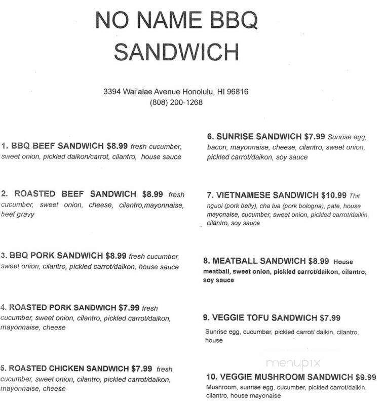 No Name BBQ Sandwich - Honolulu, HI menu_pic