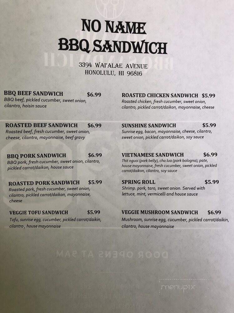 No Name BBQ Sandwich - Honolulu, HI menu_pic