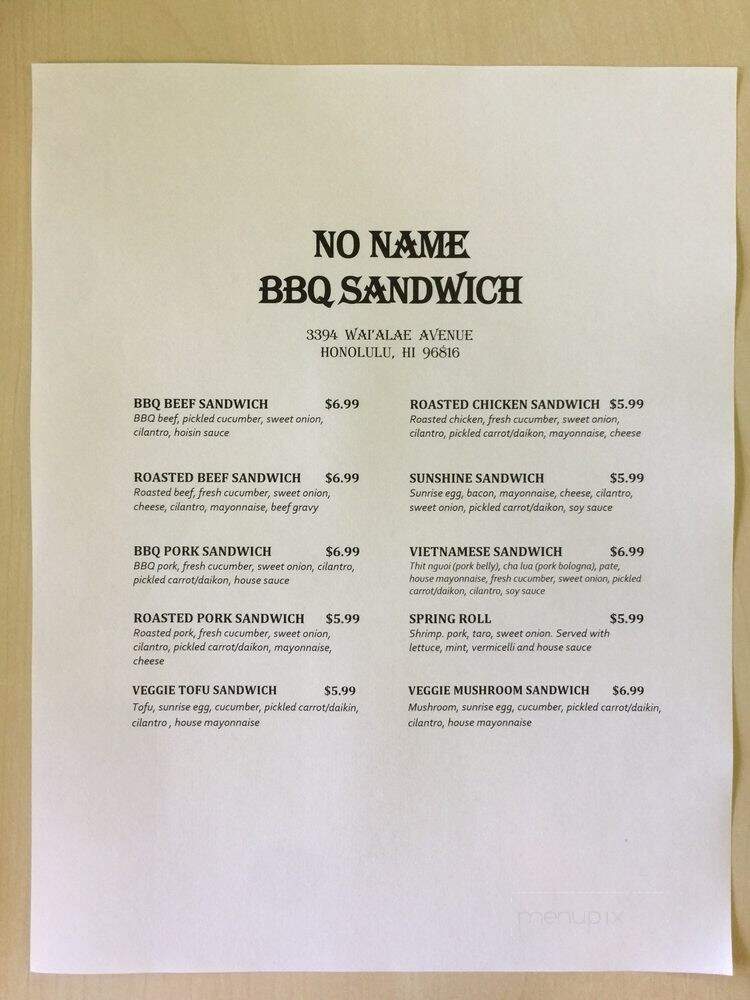No Name BBQ Sandwich - Honolulu, HI menu_pic