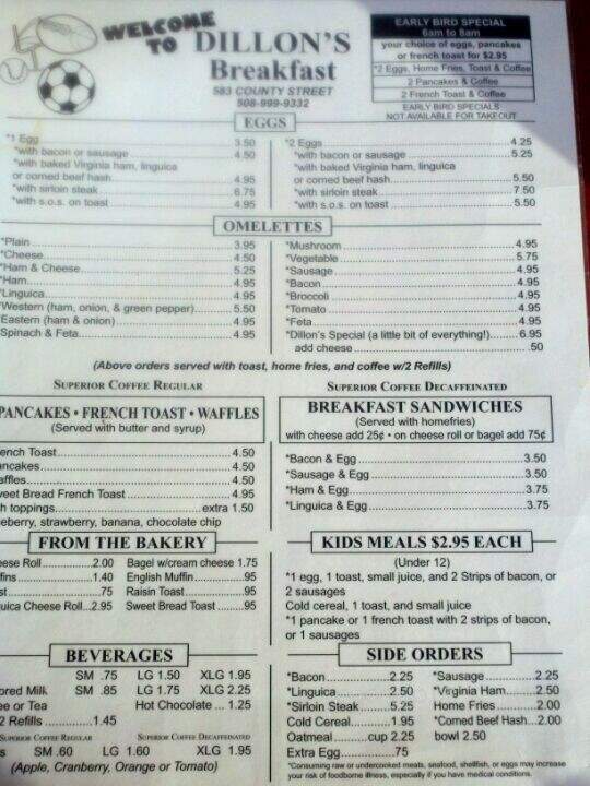 Dillon's Restaurant - New Bedford, MA menu_pic