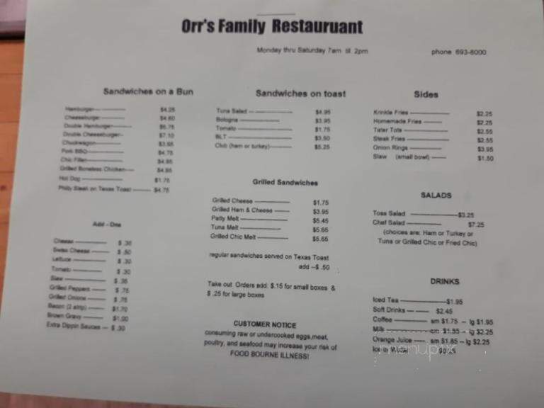 Orr's Family Restaurant - East Flat Rock, NC menu_pic