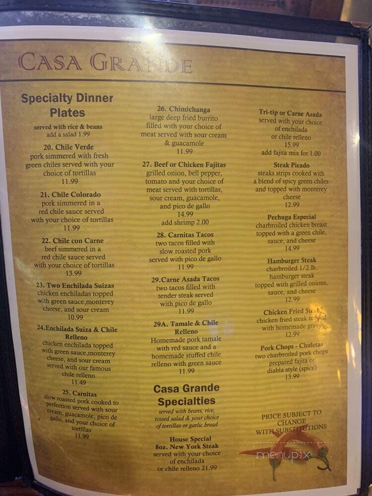 Casa Grande Restaurant - Visalia, CA menu_pic