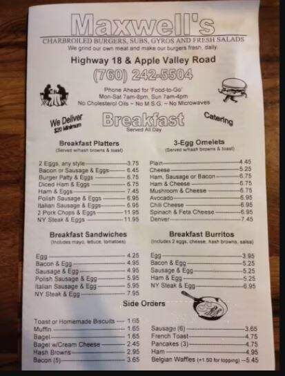 Maxwell's Burgers Fresh Salads - Apple Valley, CA menu_pic
