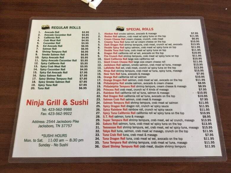 Ninja Grill & Sushi - Jacksboro, TN menu_pic
