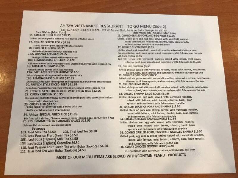 Ah'sya Vietnamese Restaurant - St George, UT menu_pic