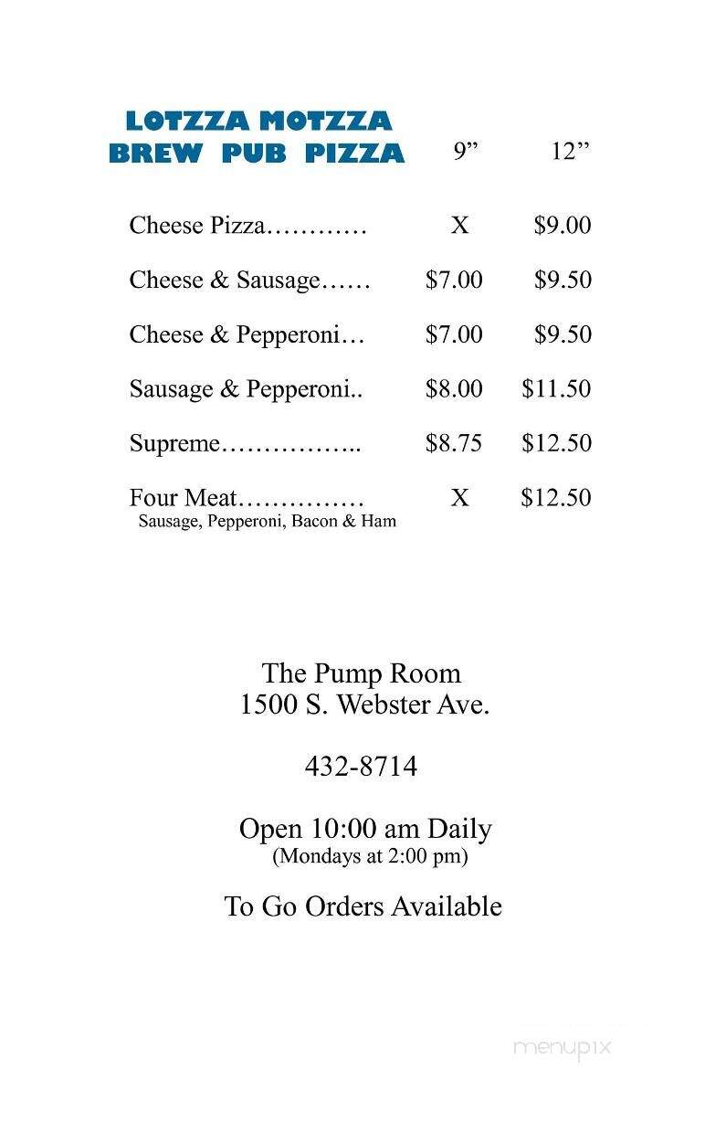 Pump Room - Green Bay, WI menu_pic