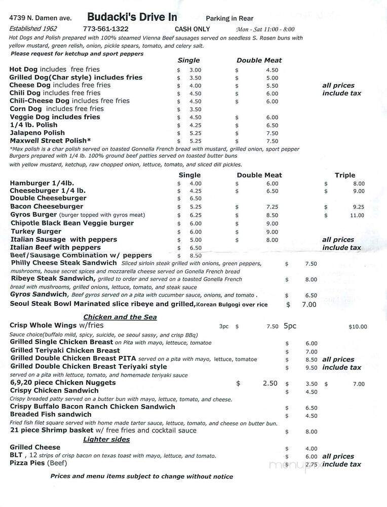 Budacki's Drive In - Chicago, IL menu_pic