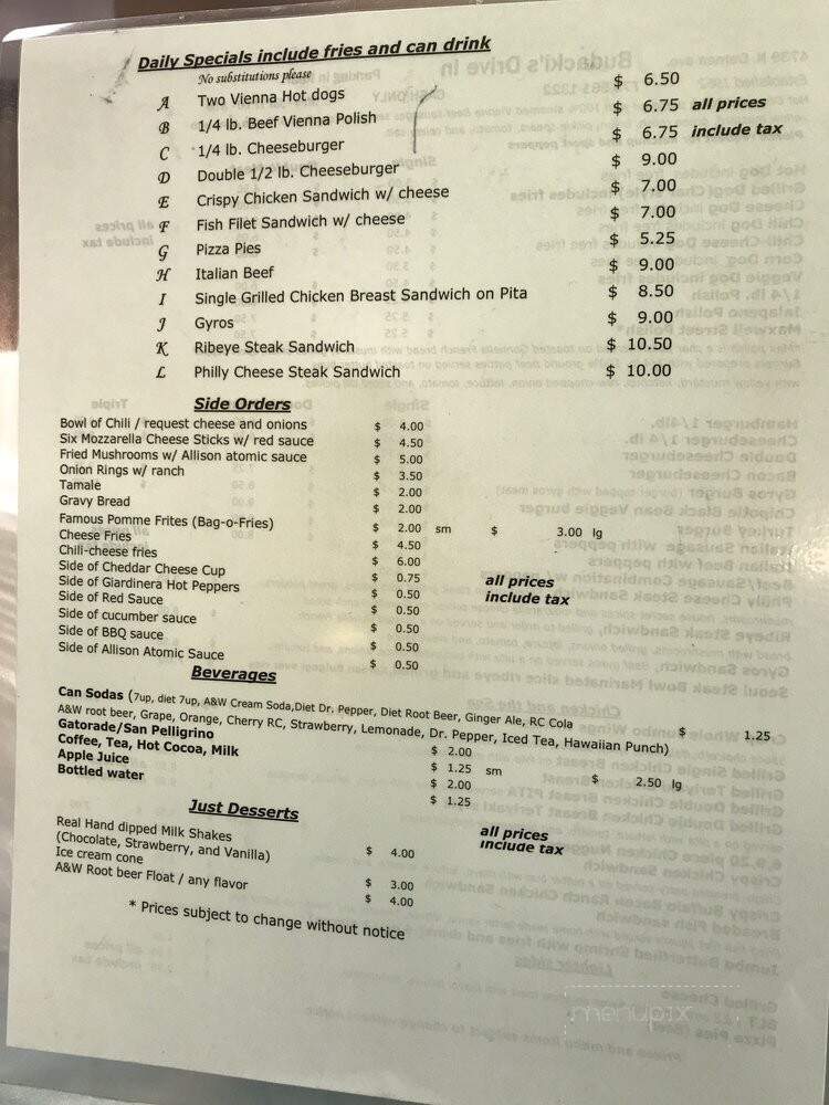 Budacki's Drive In - Chicago, IL menu_pic