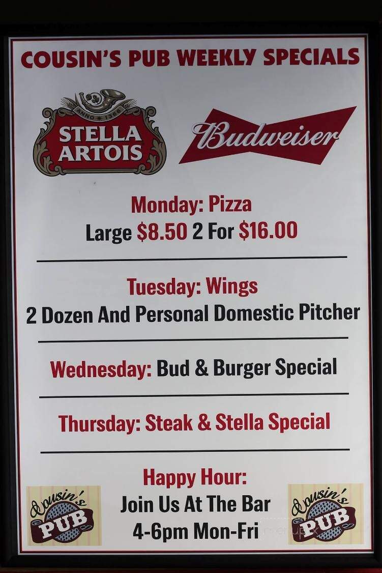 Cousin's Pub & Co - Shoemakersville, PA menu_pic