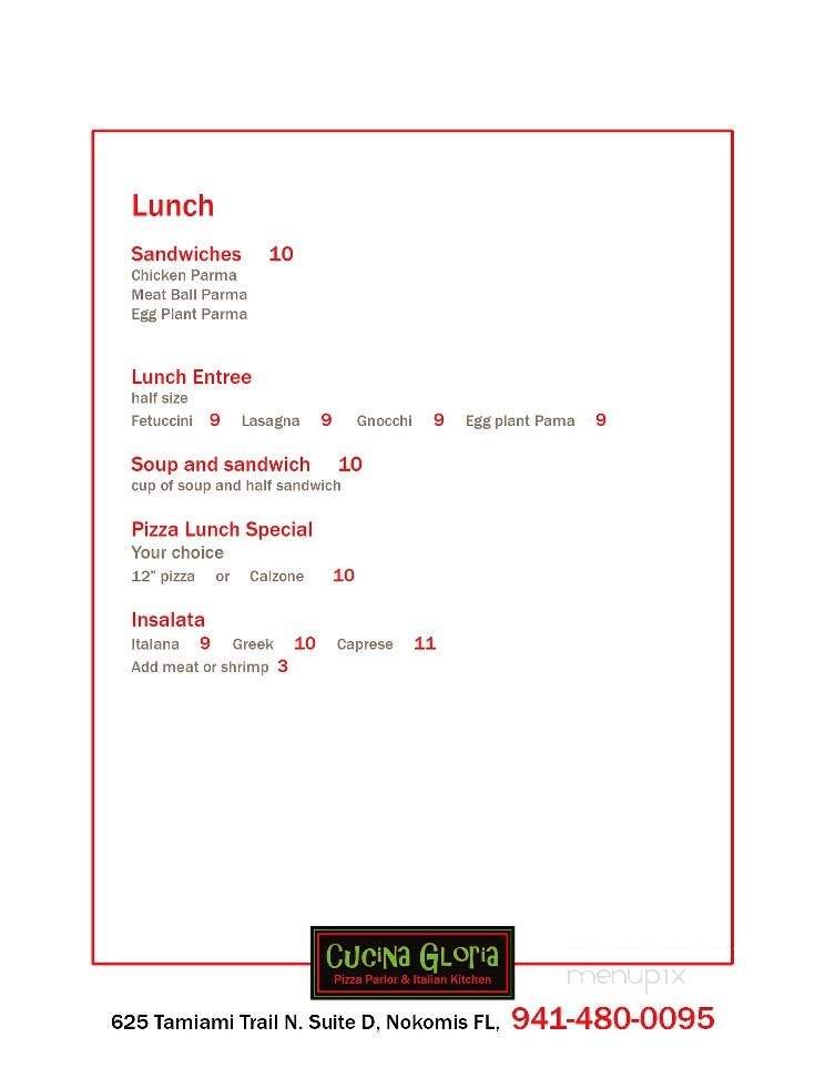 Cucina Gloria - Nokomis, FL menu_pic
