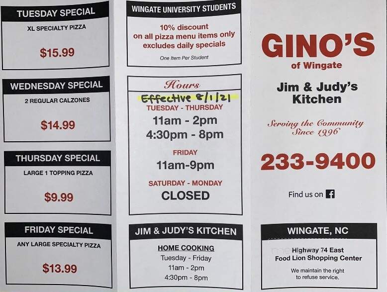 Gino's Of Wingate - Wingate, NC menu_pic