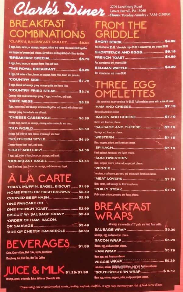 Clark's Diner - New Kensington, PA menu_pic