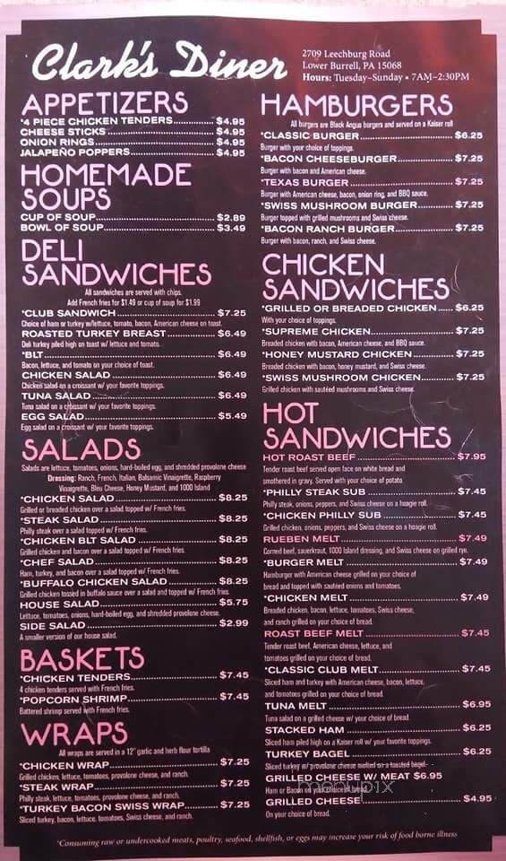 Clark's Diner - New Kensington, PA menu_pic