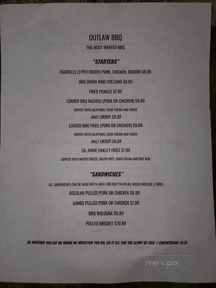 Outlaw Bar-B-Que - Atoka, TN menu_pic