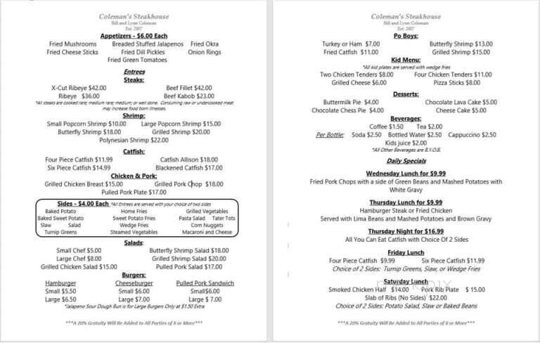 Coleman's Steak House - Benton, MS menu_pic