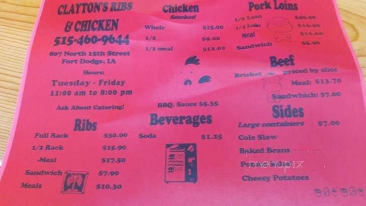 Clayton's Ribs & Chicken - Fort Dodge, IA menu_pic