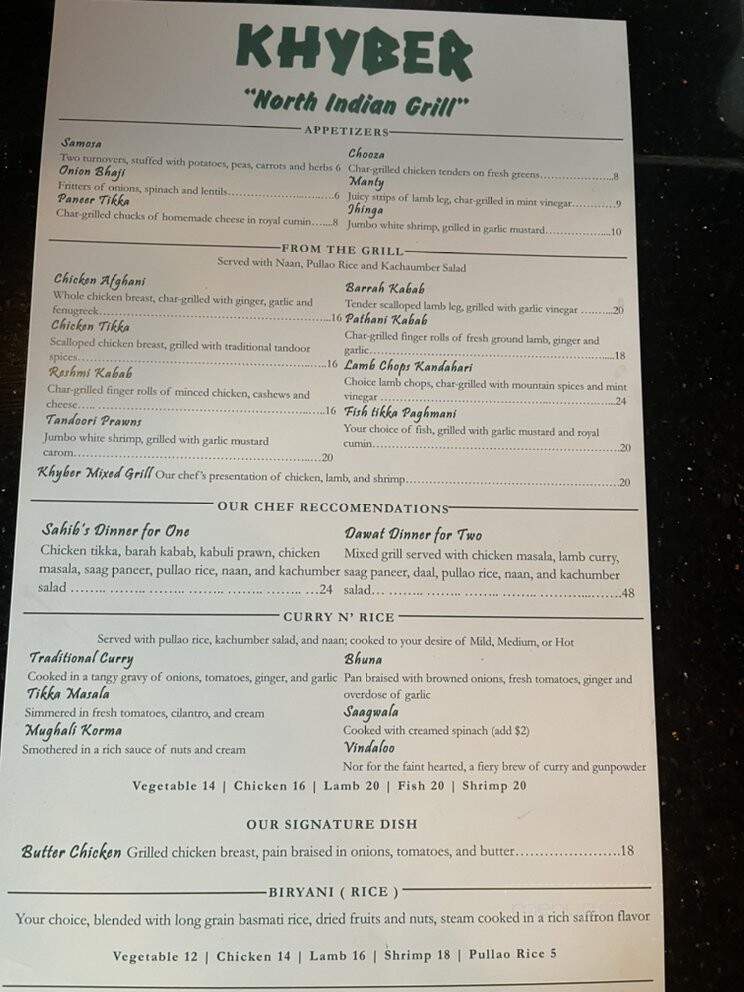 Khyber Restaurant - Houston, TX menu_pic