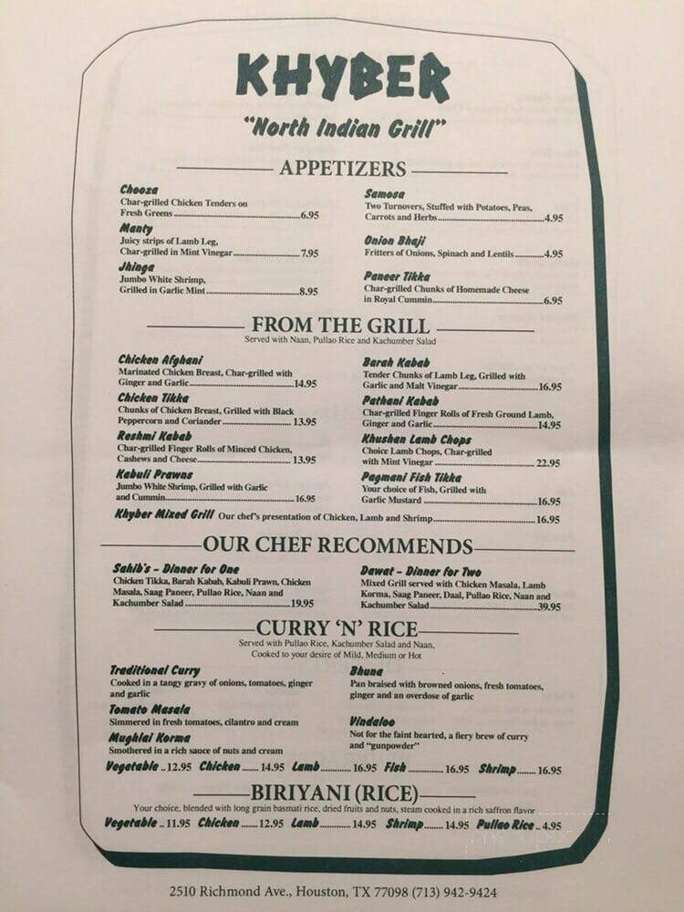 Khyber Restaurant - Houston, TX menu_pic