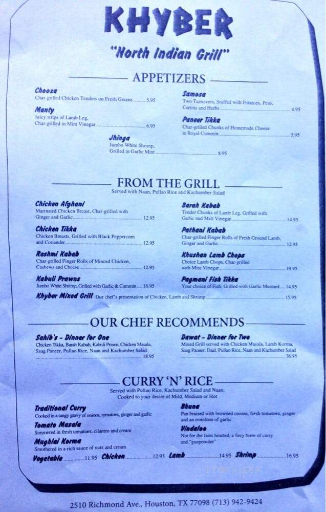 Khyber Restaurant - Houston, TX menu_pic