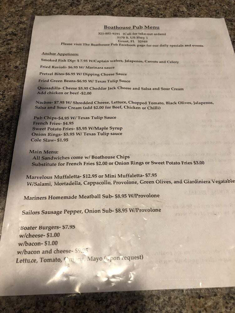 Boat House Pub - Grant, FL menu_pic