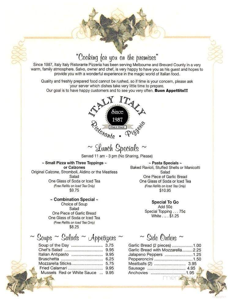 Italy Italy Ristorante - Melbourne, FL menu_pic