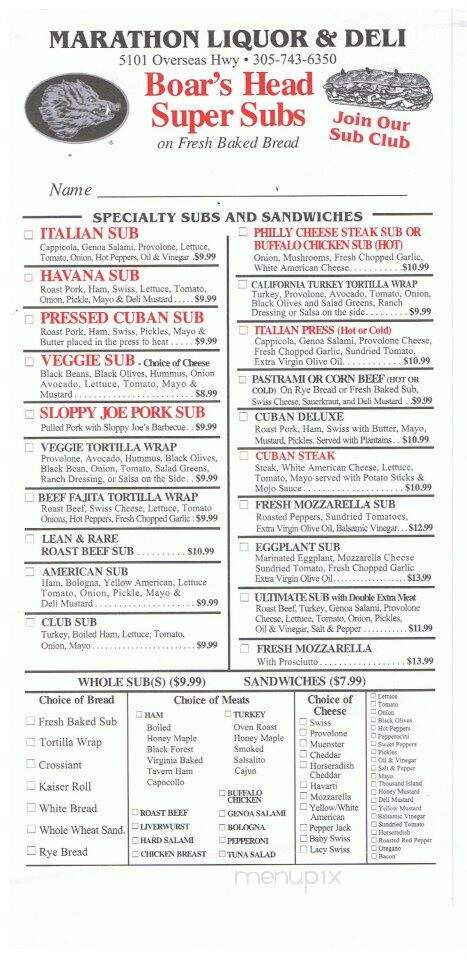 Menu of Marathon Liquors & Deli in Marathon, FL 33050