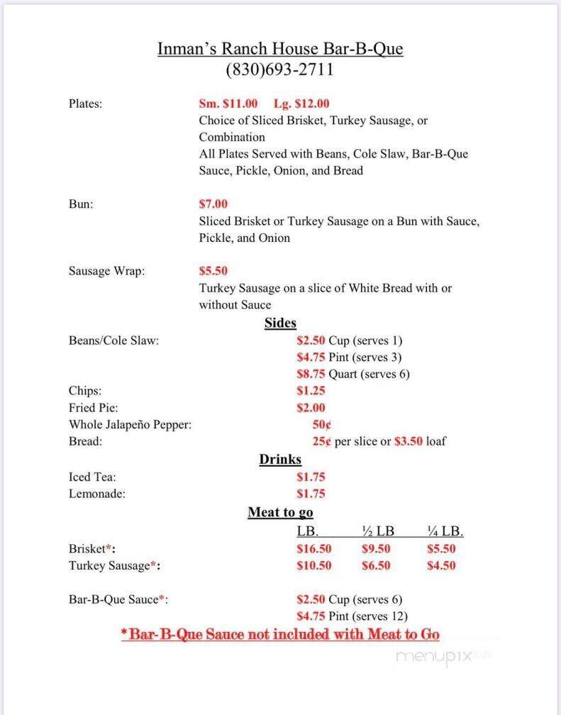 Inmans Ranch House Bar-B-Q - Marble Falls, TX menu_pic