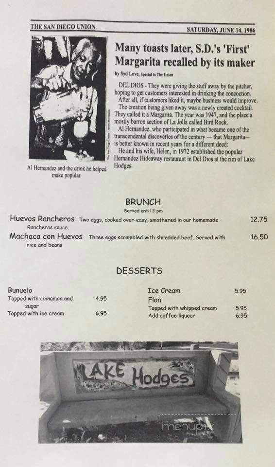 Hernandez' Hideaway Restaurant - Escondido, CA menu_pic